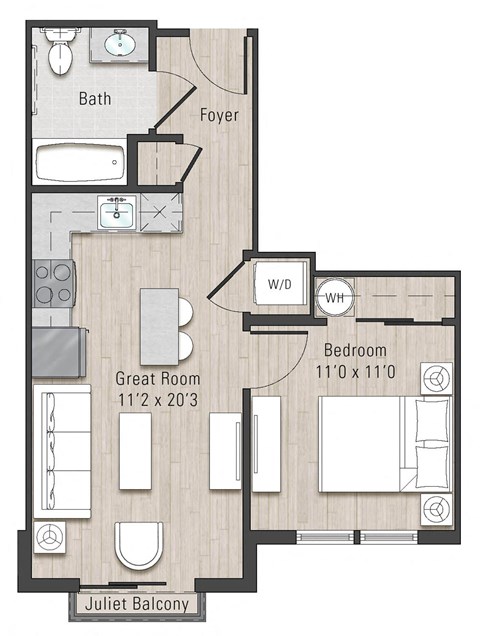 Floor plan for 1 bed, 1 bath, 510 sqft